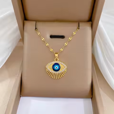 Cubic Zircon Hamsa Evil Blue Eye Necklace Stainless Steel Turkish Eye Eyelash Necklace Greek Jewelry