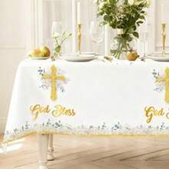 3pcs 137*274CM/53.94*107.87IN Disposable Tablecloth, Gold Cross & Floral "God Bless" Print, Waterpro