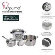 La gourmet Cook & Pour 3pc Senior Stainless Steel Set (16cm Saucepan, 20cm Casserole, 24cm Casserole