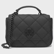 Tory burch 菱格紋皮革翻蓋斜背包-霧黑