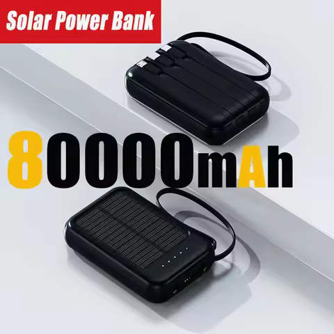 80000mAh Portable Solar Power Bank 4 in 1 Built in Cables Comes with LED Lights Mini External Batter