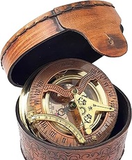 Brass Nautical - Antique Brass &amp; Copper Sundial Compass, Sundial Clock in Box Gift Sun Clock Ship Replica Watch
