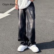 CITYLINK TACTIC Black Gray Gradient Jeans Retro Men's American High Street Washed Distressed Straigh