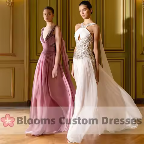 Blooms Customized V-Neck Chiffon Beaded Luxury Evening Dresses For Special Occasion Draped A-Line Ca