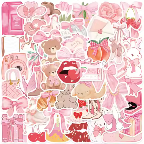 50Pcs Cute Pink Aesthetic Bear Stickers Coquette Girly Stickers Pink Bow Stickers Laptop WaterBottle