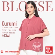 The-Fahrenheit Kurumi Uniqlo Women Rayon Blouse Short Sleeve Stand Collar-Pink