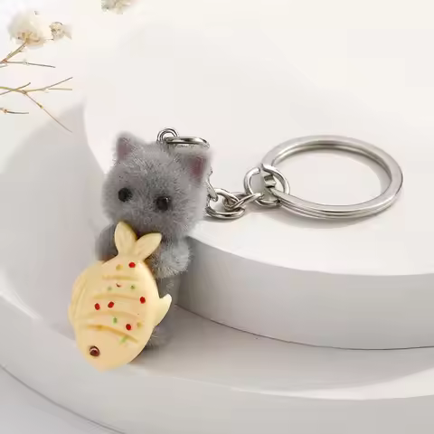 Lovely Flocking Cat Dog Keychain Kawaii Cat Dog Key Ring Fuzzy Cat Dog Key Chains DIY Car Keys Chain