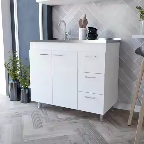 Ferretti Utility Sink with Three Drawers and Double Door Cabinet White