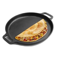Pre-seasoned 34cm Pure Cast Iron Double Handles Skillet Frying Pan Non Coated Round Flat Pan Griddle