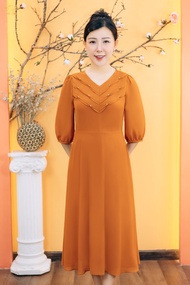 Đầm xòe trung niên cho mẹ - Cổ tim kết ngọc tay lỡ - Cam - TTV Store thời trang nữ TTV1881