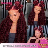 99J Burgundy Water Wave Lace Front Wigs Human Hair 13x4 200% Density Transparent Lace Frontal Blende