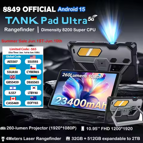 8849 Tank Pad Ultra Unihertz Rugged Tablet with Projector 260 Lumens 1080P 23400mAh 5G Android15 Wif