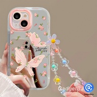 MERAH Beautiful pink flower phone case with mirror with lanyard cover for SAMSUNG A13 A04S A14 A11 A