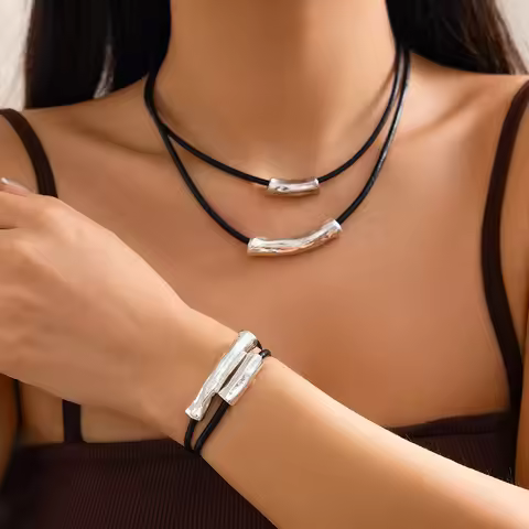 KunJoe Vintage Multi Layer Leather Wax Thread Rope Chain Necklace Bracelet Jewelry Set Women Simple 