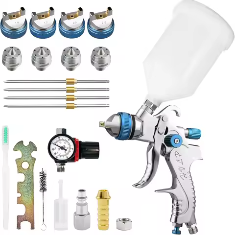 LVLP Spray Gun H2008 1.4/1.7/2.0/2.5mm Nozzle and Air Pressure Regulator Gauge Professional Gravity 