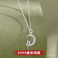 Pendant Clavicle S999 Elegant Trendy Sterling Silver Niche Necklace Design Feel Pure Silver Moon Cat