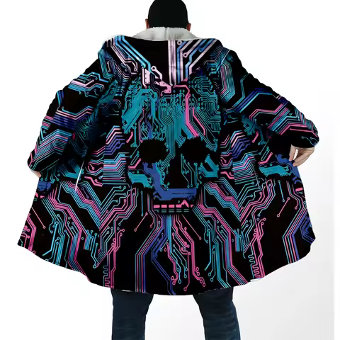 2025 Winter Fashion Men's Cloak Electronic chip 3D Printed Thick Fleece Hooded Cloak Unisex Casual W