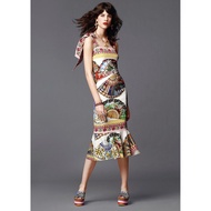 A2564 Miss M Fashion Bowknot Shoulder Multi Vintage Print Dress
