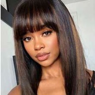 180% Density Straight Human Hair Wig With Bangs, Full Machine Weft, No Lace, 1B/30 Color, Suitable F