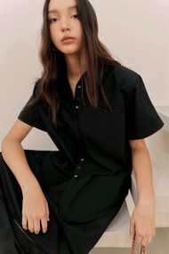 Áo sơ mi trắng/ đen suông tay ngắn khuy thêu kèm belt SY STORE