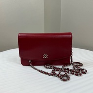 香奈兒/Chanel WOC 銀扣紅色魚子醬牛皮鏈條斜背包18x3x12cm