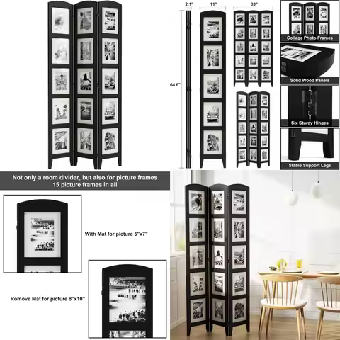 Black 3-Panel Solid Wood Photo Room Divider, 8x10 Frameless or 5x7 with Mat