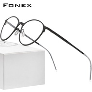 FONEX แว่นตาไทเทเนียมบริสุทธิ์สำหรับผู้หญิงแว่นตากลมย้อนยุคสไตล์วินเทจแบบเกาหลีสีม่วงความงามสไตล์ Tiktok แว่นตาวัยรุ่นเบาพิเศษ8525