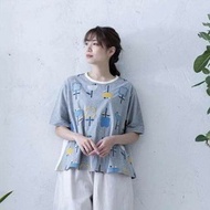 日本 EMAGO 灰色棉質 花花刺繡圖案 短袖 TEE T-SHIRT