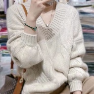 S-3XL Knitwear Women's European Goods Heavy V-neck Cable-Knit Sweater Loose and Lazy Style Thick Bottoming Shirt Fashion