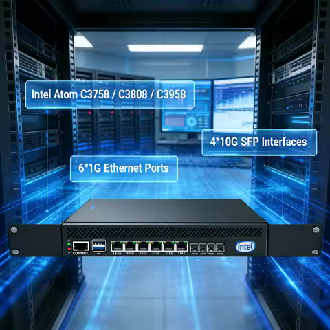 2025Industrial 1U Rack Mounted Firewall Mini PC Intel Atom C3758 C3808 C3958 4*10G SFP 6*1G LAN DDR4