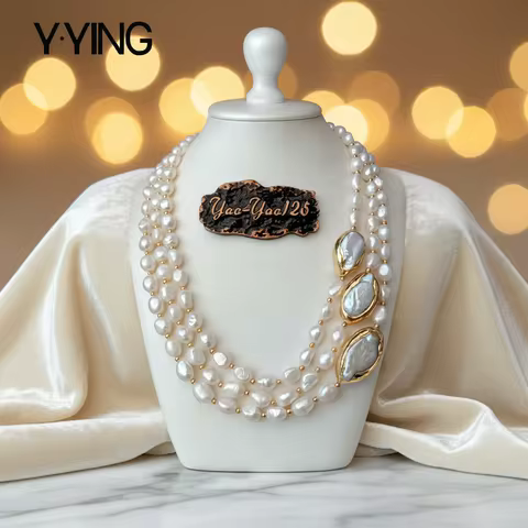 Y·YING 20' 3 Rows Cultured Baroque Pearl Necklace Keshi Pearl Gold Color Plated Connector Chokers Lu