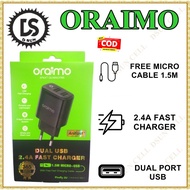 Oraimo FireFly 2U OCW-E67D Adapter C53 2.4A Fast Charger Dual Port 1.5M Free Cable Ani Fast Travel A
