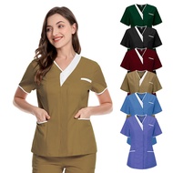 【 NiaaHinn Scrub Suit Top only】Fashion Elastic Wrinkle Resistant Breathable Baju Scrub Suit Top Medical for Woman Men plus size Doctor Nurse Uniform