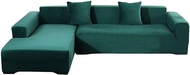 L Shape Sofa Cover,Velvet Stretch Sofa Slipcover Chaise Lounge Plush Sectional Couch Cover 2 Piece Non Slip Furniture Protector for Living Room-Green-3+4 Seater