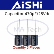 Capacitor 470uf 25V 470uf25V 470uf/25Vdc Size 10x13.0mm Aishi Brand Quantity 3 Pieces