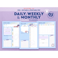 Kawaii Daily, Weekly and Monthly blue Planner, Digital Timetable
