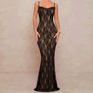 Summer Women's Lace Seductive Waist-Cinching Long Spaghetti Strap Fishtail Dress For Dinner Party,Sh