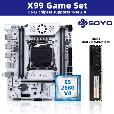 SOYO White X99 Motherboard Kit with E5-2680 V4 CPU and DDR 2133MHZ 8GB*2=8GB RAM LGA2011-3 C612 Chip
