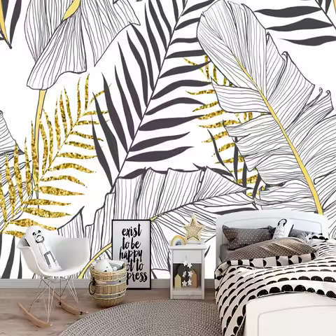Papel Pintado Photo Wallpaper Modern Hand Painted Black White Banana Leaf Coconut Tree Murals Living