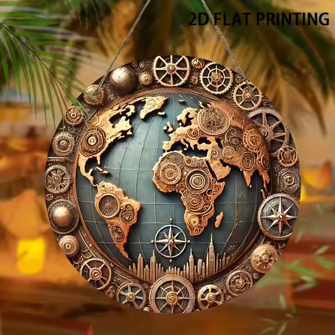 2D Flat - Steampunk World Map Wall Decor - 20.32cm Round Wooden Sign with Pre-Drilled Holes & Hangin