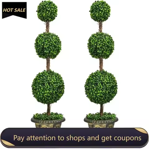 4 Ft 2 Pack Artificial Boxwood Topiary Tree, Fake Greenery Plants Ball Tree, Leaves & Cement-Filled 