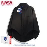 เสื้อเชิ้ตแขนยาวผ้าไหมน้ำแข็ง NASA WTAPS สำหรับผู้ชาย สีดำ ทรงหลวม แฟชั่นลำลอง เสื้อคลุมกันหนาว ทรงห