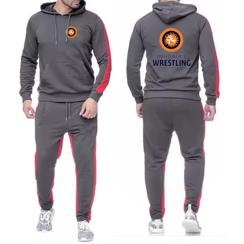 United World Wrestling UWW Spring Autumn Men Hoodies+Pants 2 Piece Tracksuit Solid Color Casual Long