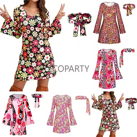 2023 New Women Ladies Hippie 60s 70s Hippy Flower Fancy Dress Costume Flares Adult Outfit Dress for 