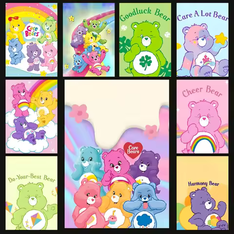 CUTE Care Bears Poster Self-adhesive Art Waterproof Paper Sticker Coffee House Bar Room Wall Decor