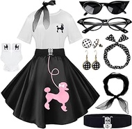 10Pcs Sock Hop Outfits Women, 1950s Poodle Skirts, Poodle T-Shirt with 50s Accessories Socks Scarf H