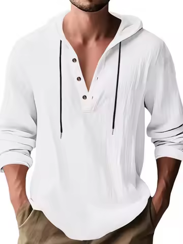 Men's Cotton Linen Hooded Henry Shirt Pullover Breathable Comfortable New Style Versatile Casual Wea
