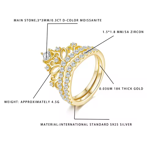 Crown Design Women's Moissanite Ring 0.3CT D-Color 33mm Main Stone 1.51.8mm 5A Zircon 18K Gold Plate