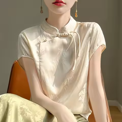 Summer new fashionable qipao jacquard shirt elegant top women's satin improved Chinese Tang style lo