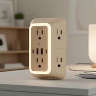 Surge-Protected Outlet Extender with Night Light: 6 AC + 4 USB Ports, 3-Level Sensor, Ideal for Home
